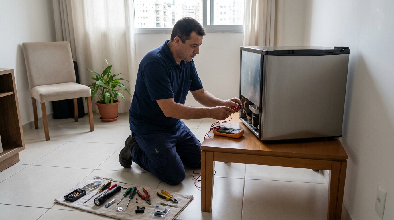 Técnico realizando manutenção de motor de frigobar em Cotia‑SP