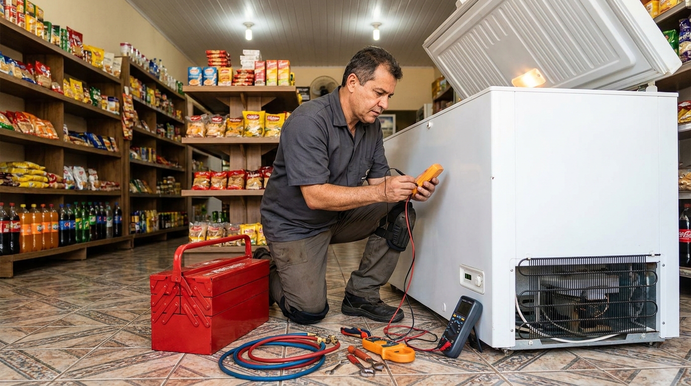 Recarga de gás refrigerante em freezer em atendimento em Cotia‑SP