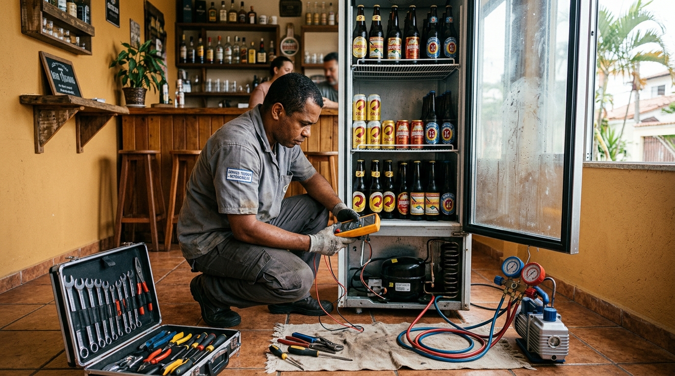 Troca de termostato de cervejeira em atendimento técnico em Cotia‑SP